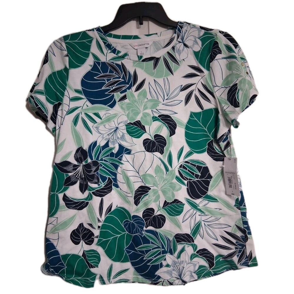 NWT Women's Liz Claiborne White Tropical Top Blouse Size L
